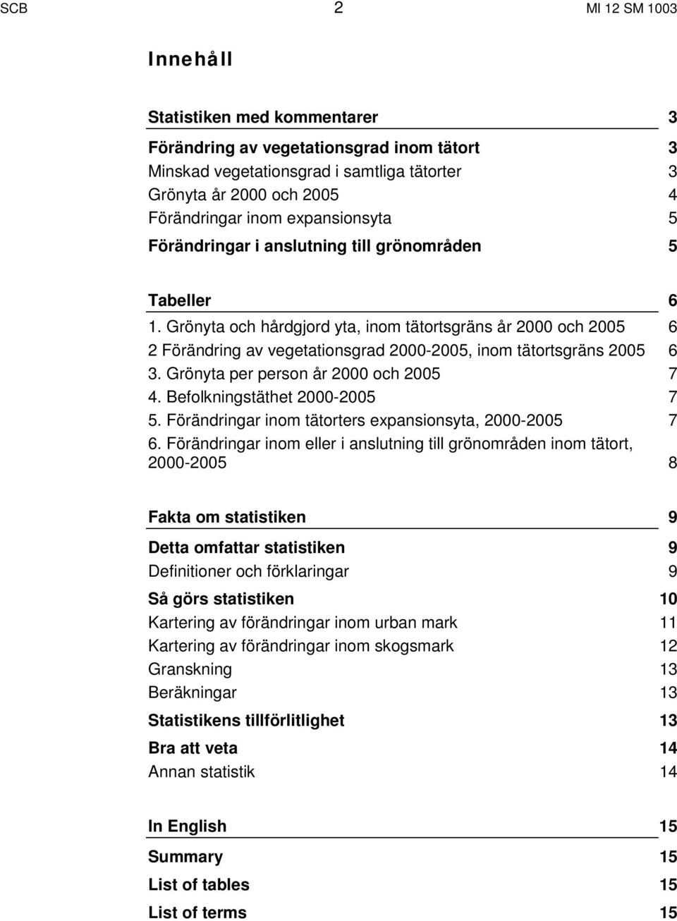 Grönyta per person år 2000 och 2005 4. Befolkningstäthet 2000-2005 5. Förändringar inom tätorters expansionsyta, 2000-2005 6.