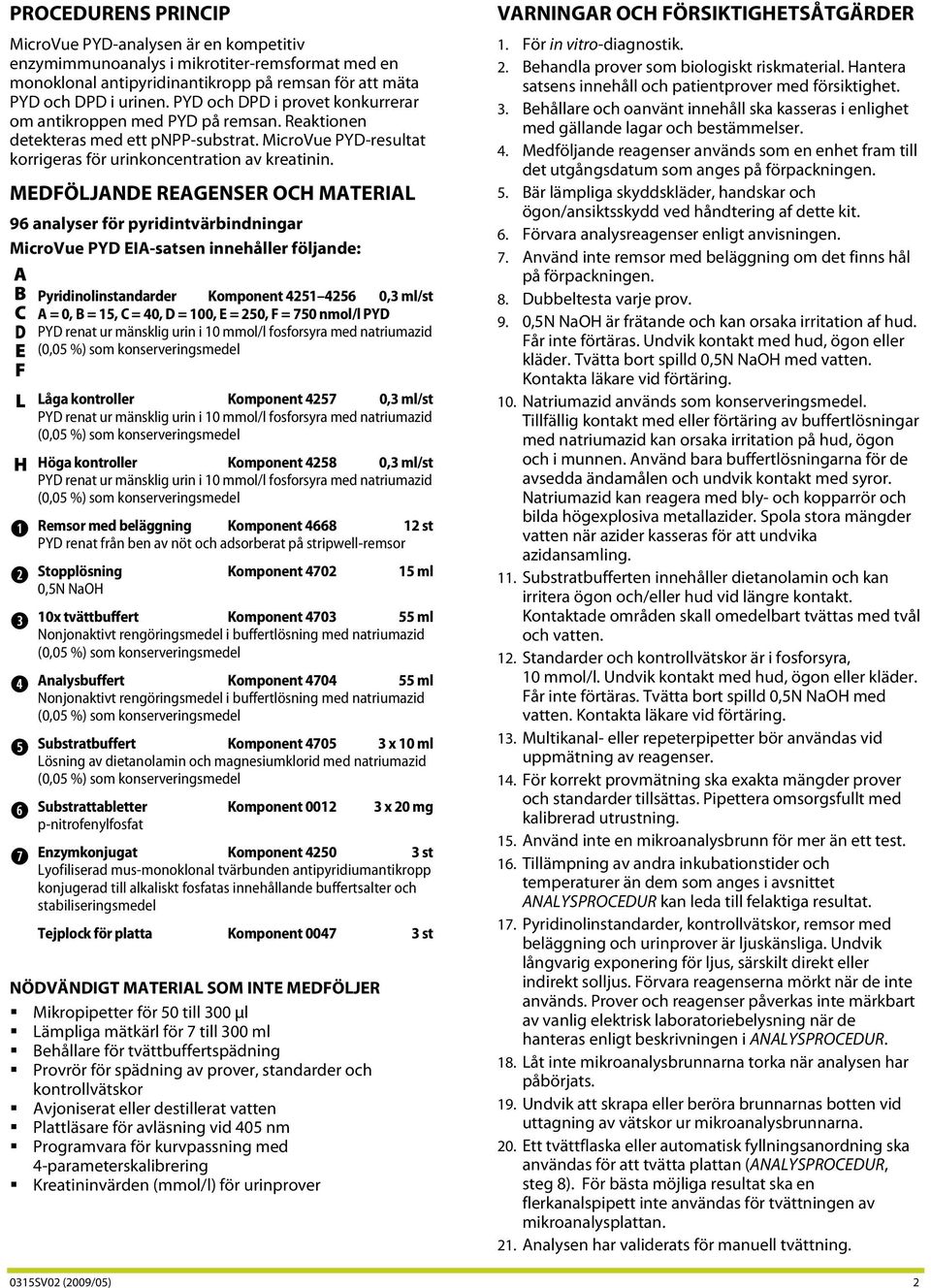 MEDFÖLJANDE REAGENSER OCH MATERIAL 96 analyser för pyridintvärbindningar EIA-satsen innehåller följande: A B C D E F Pyridinolinstandarder Komponent 4251 4256 0,3 ml/st A = 0, B = 15, C = 40, D =