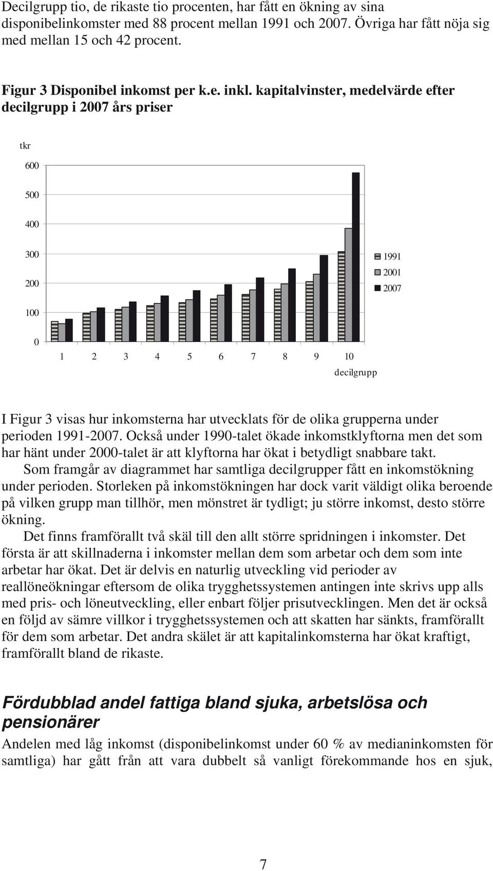 kapitalvinster, medelvärde efter decilgrupp i 27 års priser tkr 6 5 4 3 2 1991 21 27 1 1 2 3 4 5 6 7 8 9 1 decilgrupp I Figur 3 visas hur inkomsterna har utvecklats för de olika grupperna under