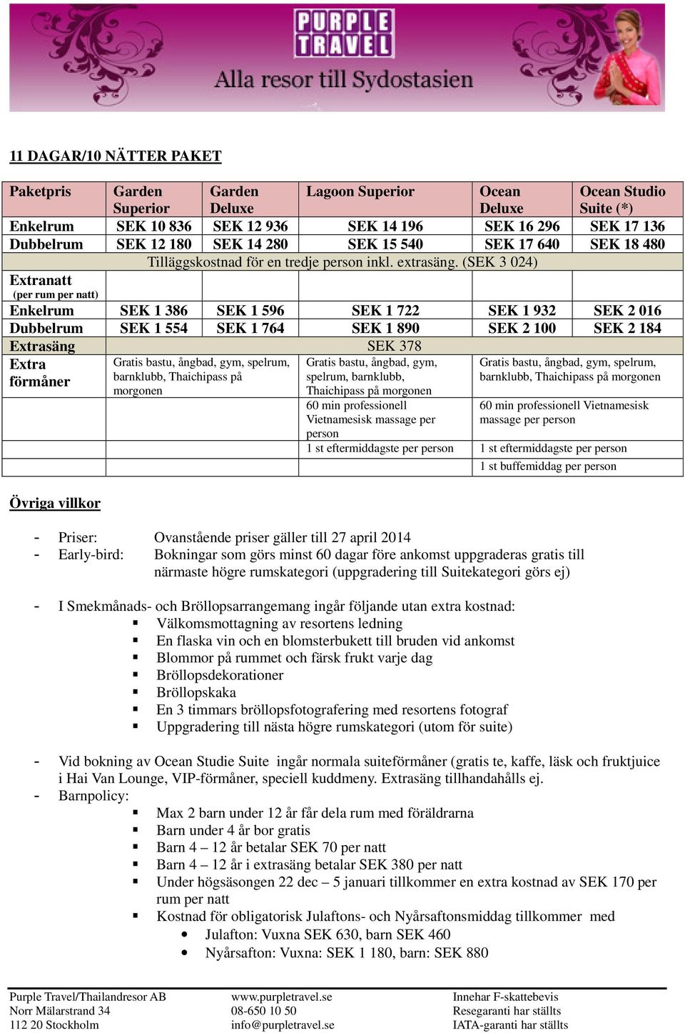 (SEK 3 024) Extranatt (per rum per natt) Enkelrum SEK 1 386 SEK 1 596 SEK 1 722 SEK 1 932 SEK 2 016 Dubbelrum SEK 1 554 SEK 1 764 SEK 1 890 SEK 2 100 SEK 2 184 Extrasäng SEK 378 Extra förmåner Övriga