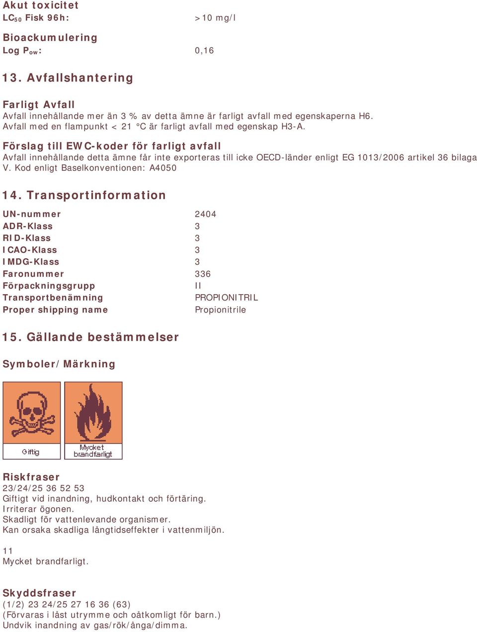 Förslag till EWC-koder för farligt avfall Avfall innehållande detta ämne får inte exporteras till icke OECD-länder enligt EG 1013/2006 artikel 36 bilaga V. Kod enligt Baselkonventionen: A4050 14.