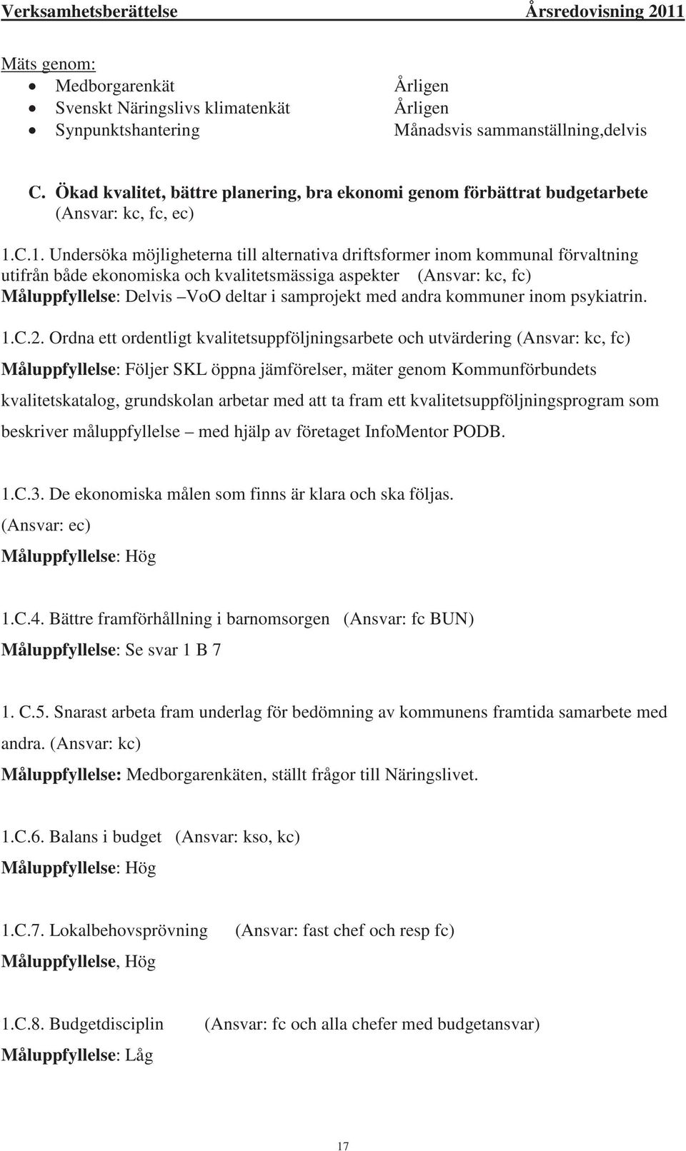 C.1. Undersöka möjligheterna till alternativa driftsformer inom kommunal förvaltning utifrån både ekonomiska och kvalitetsmässiga aspekter (Ansvar: kc, fc) Måluppfyllelse: Delvis VoO deltar i