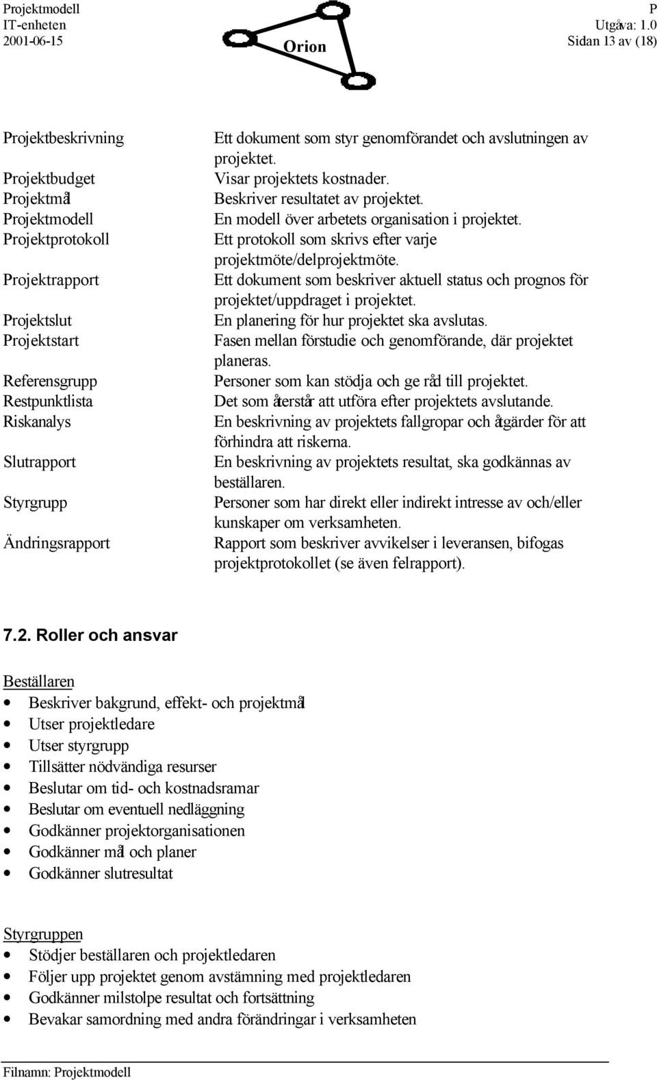 Ett protokoll som skrivs efter varje projektmöte/delprojektmöte. Ett dokument som beskriver aktuell status och prognos för projektet/uppdraget i projektet. En planering för hur projektet ska avslutas.