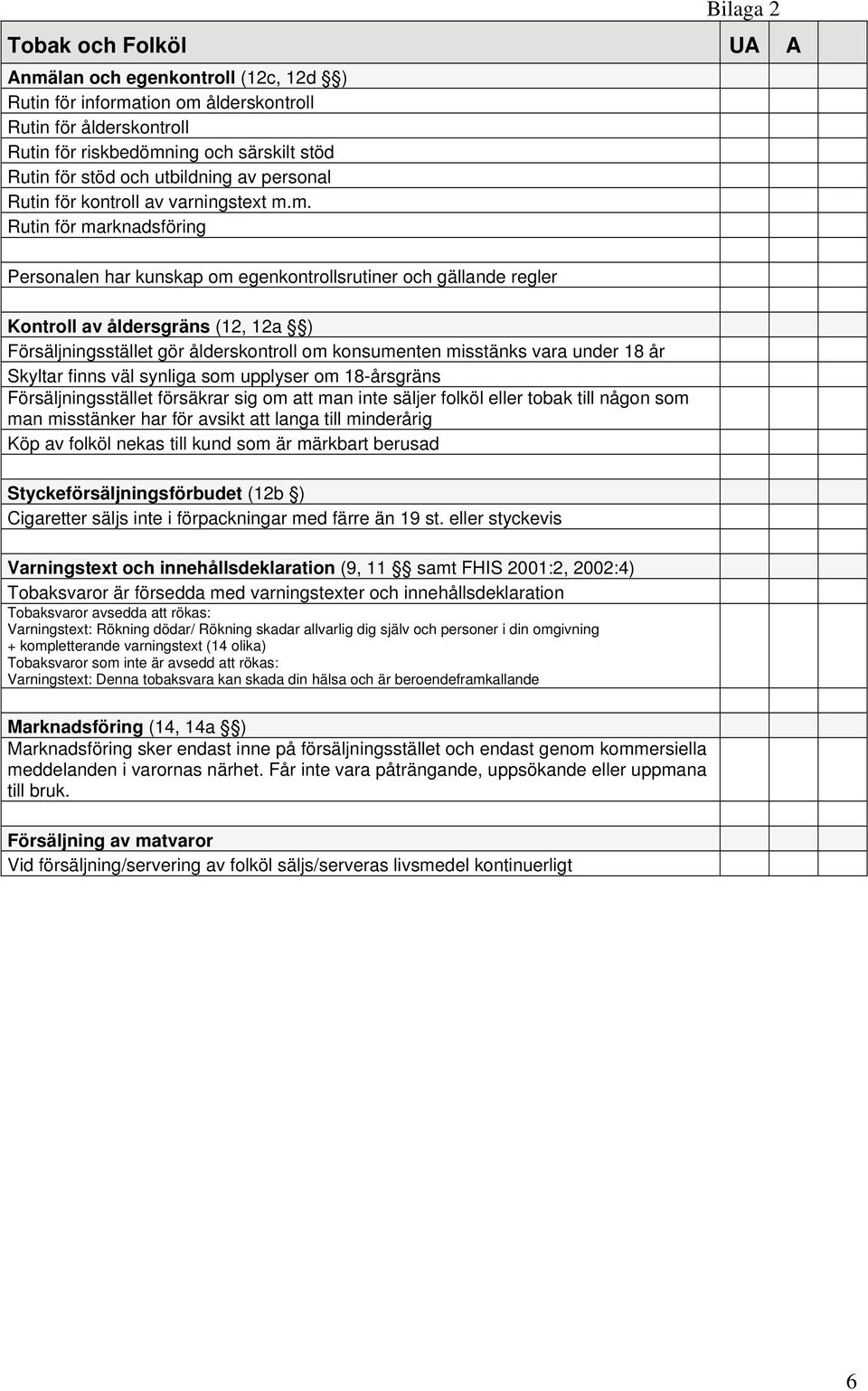 m. Rutin för marknadsföring Personalen har kunskap om egenkontrollsrutiner och gällande regler Kontroll av åldersgräns (12, 12a ) Försäljningsstället gör ålderskontroll om konsumenten misstänks vara