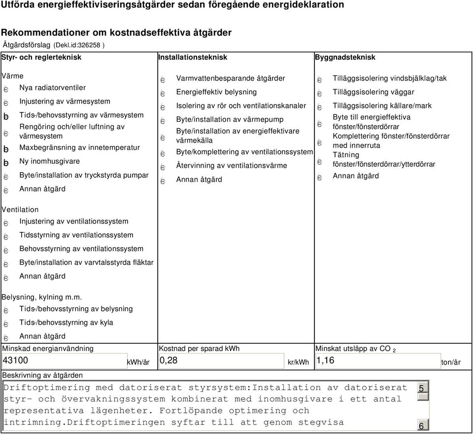 värmesystem Maxbegränsning av innetemperatur Ny inomhusgivare Byte/installation av tryckstyrda pumpar Varmvattenbesparande åtgärder Energieffektiv belysning Isolering av rör och ventilationskanaler