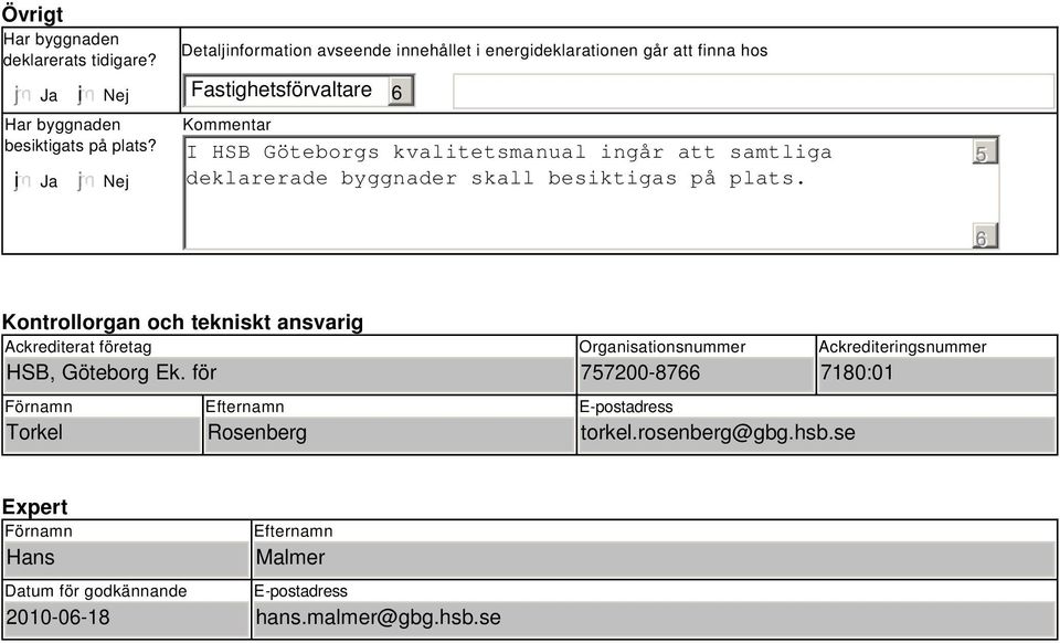 samtliga deklarerade byggnader skall besiktigas på plats. 5 Kontrollorgan och tekniskt ansvarig Ackrediterat företag HSB, Ek.