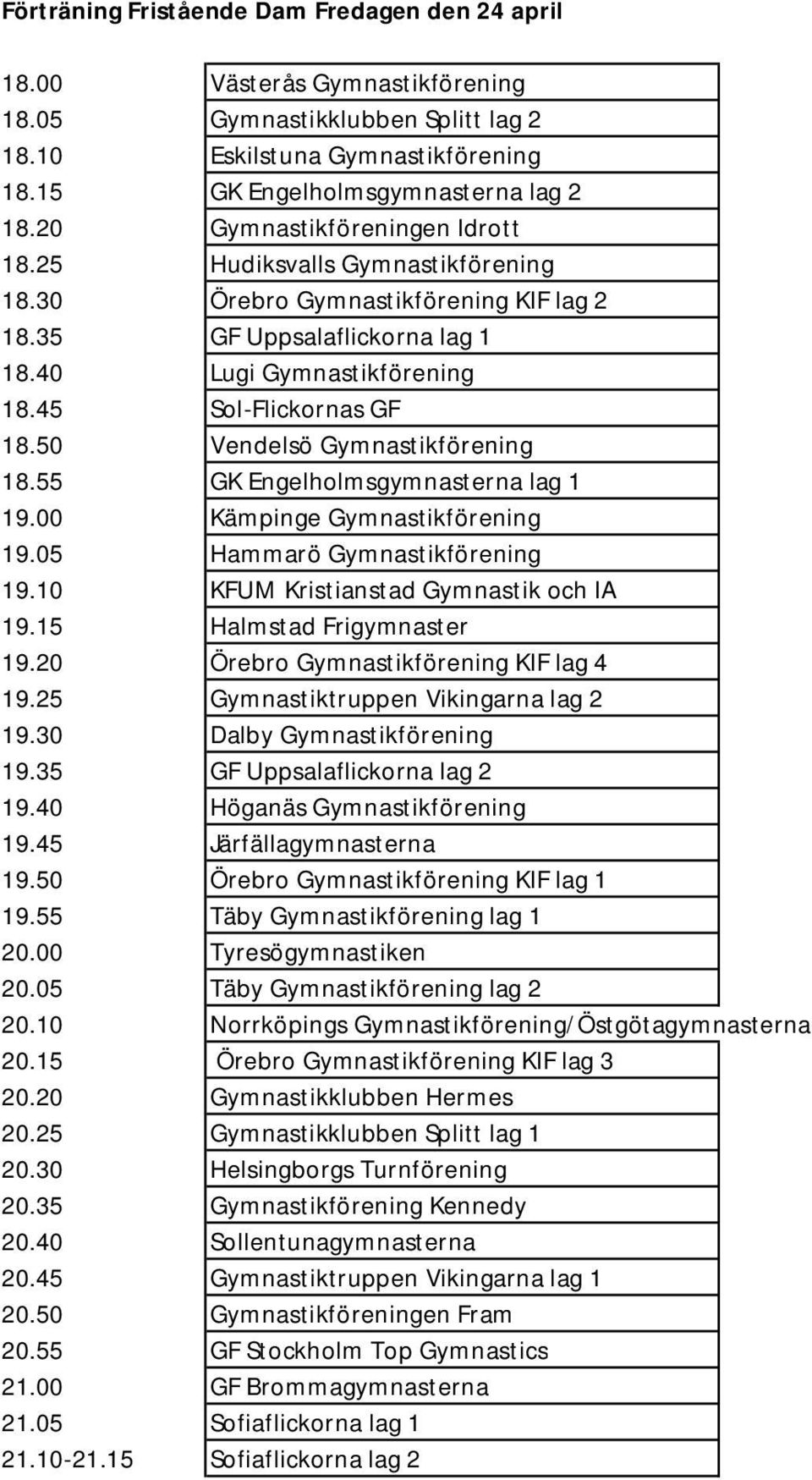 50 Vendelsö Gymnastikförening 18.55 GK Engelholmsgymnasterna lag 1 19.00 Kämpinge Gymnastikförening 19.05 Hammarö Gymnastikförening 19.10 KFUM Kristianstad Gymnastik och IA 19.