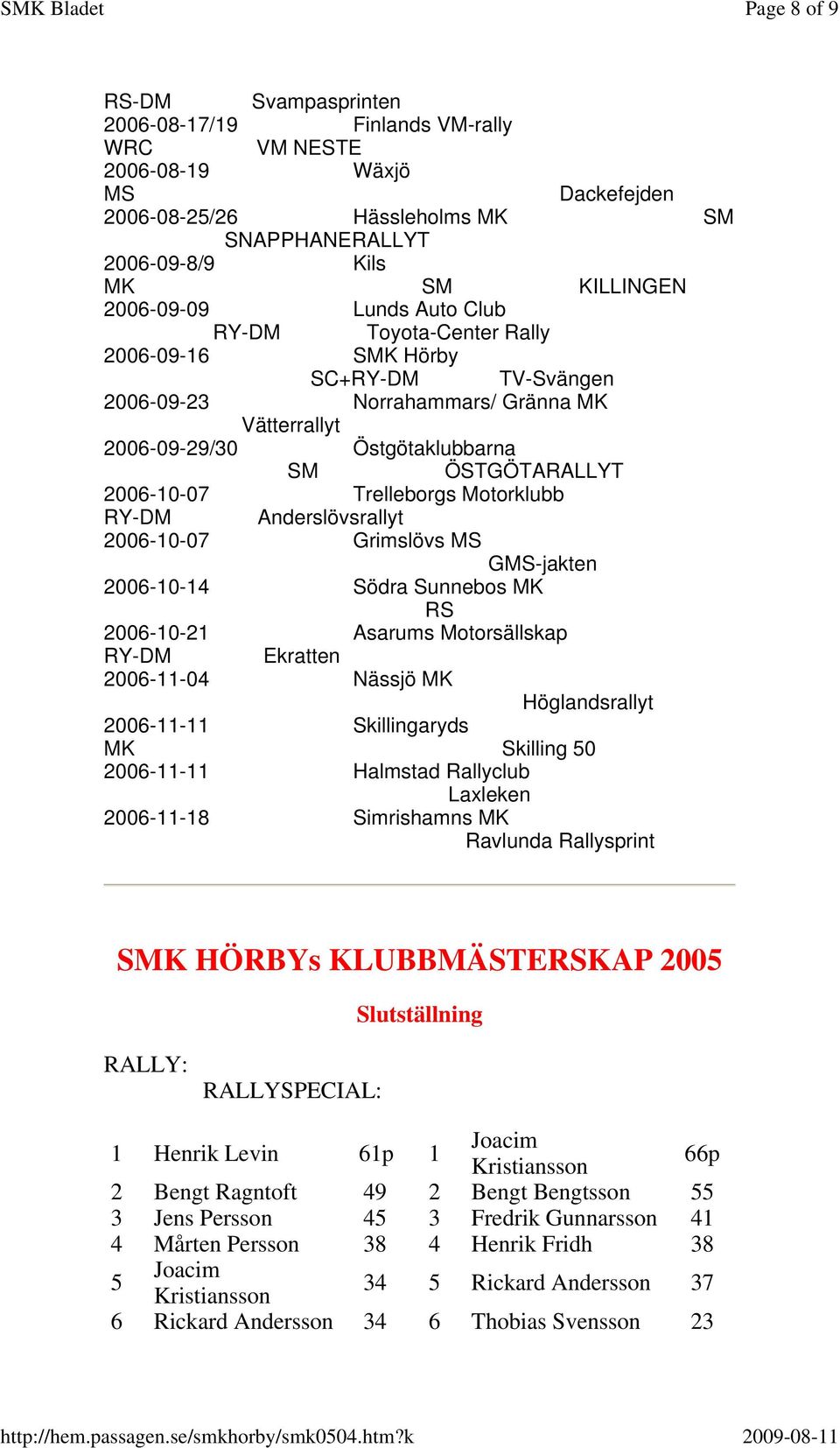 2006-10-07 Trelleborgs Motorklubb RY-DM Anderslövsrallyt 2006-10-07 Grimslövs MS GMS-jakten 2006-10-14 Södra Sunnebos MK RS 2006-10-21 Asarums Motorsällskap RY-DM Ekratten 2006-11-04 Nässjö MK