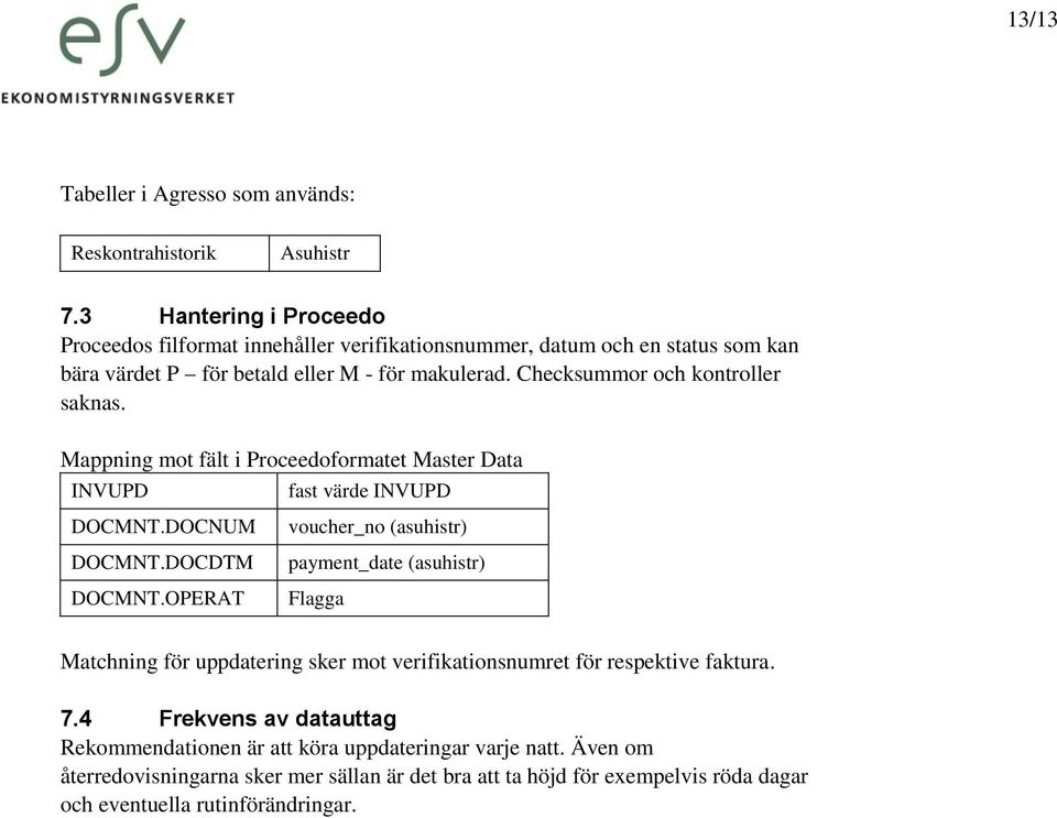 Checksummor och kontroller saknas. Mappning mot fält i Proceedoformatet Master Data INVUPD fast värde INVUPD DOCMNT.DOCNUM DOCMNT.DOCDTM DOCMNT.