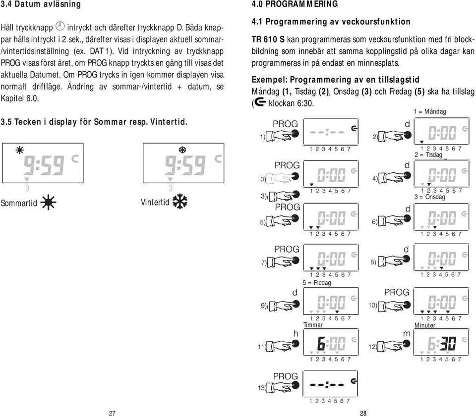 Ändring av sommar-/vintertid + datum, se Kapitel 6.0. 3.5 Tecken i display för Sommar resp. Vintertid. 4.0 PROGRAMMERING 4.