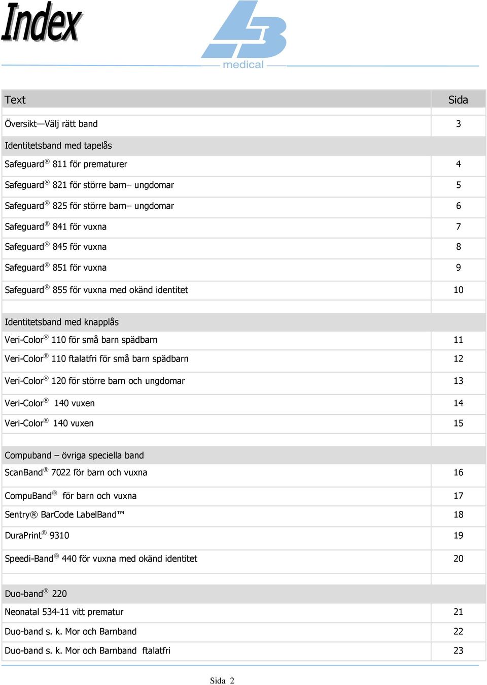 små barn spädbarn 12 Veri-Color 120 för större barn och ungdomar 13 Veri-Color 140 vuxen 14 Veri-Color 140 vuxen 15 Compuband övriga speciella band ScanBand 7022 för barn och vuxna 16 CompuBand för
