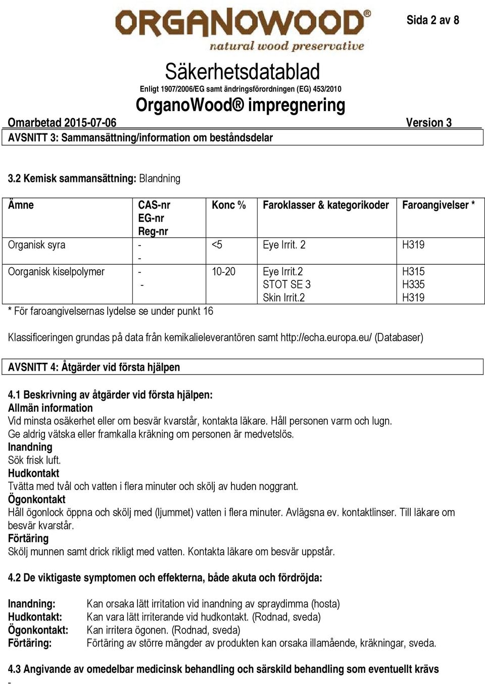 Eye Irrit. 2 H319 1020 Eye Irrit.2 STOT SE 3 Skin Irrit.2 H315 H335 H319 Klassificeringen grundas på data från kemikalieleverantören samt http://echa.europa.