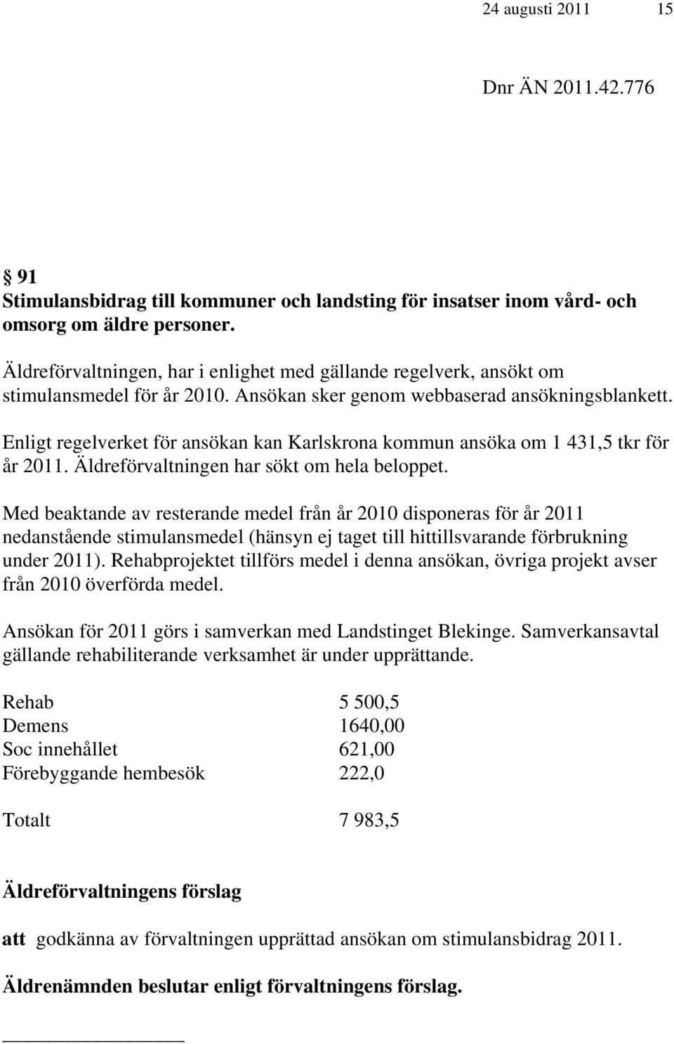 Enligt regelverket för ansökan kan Karlskrona kommun ansöka om 1 431,5 tkr för år 2011. Äldreförvaltningen har sökt om hela beloppet.