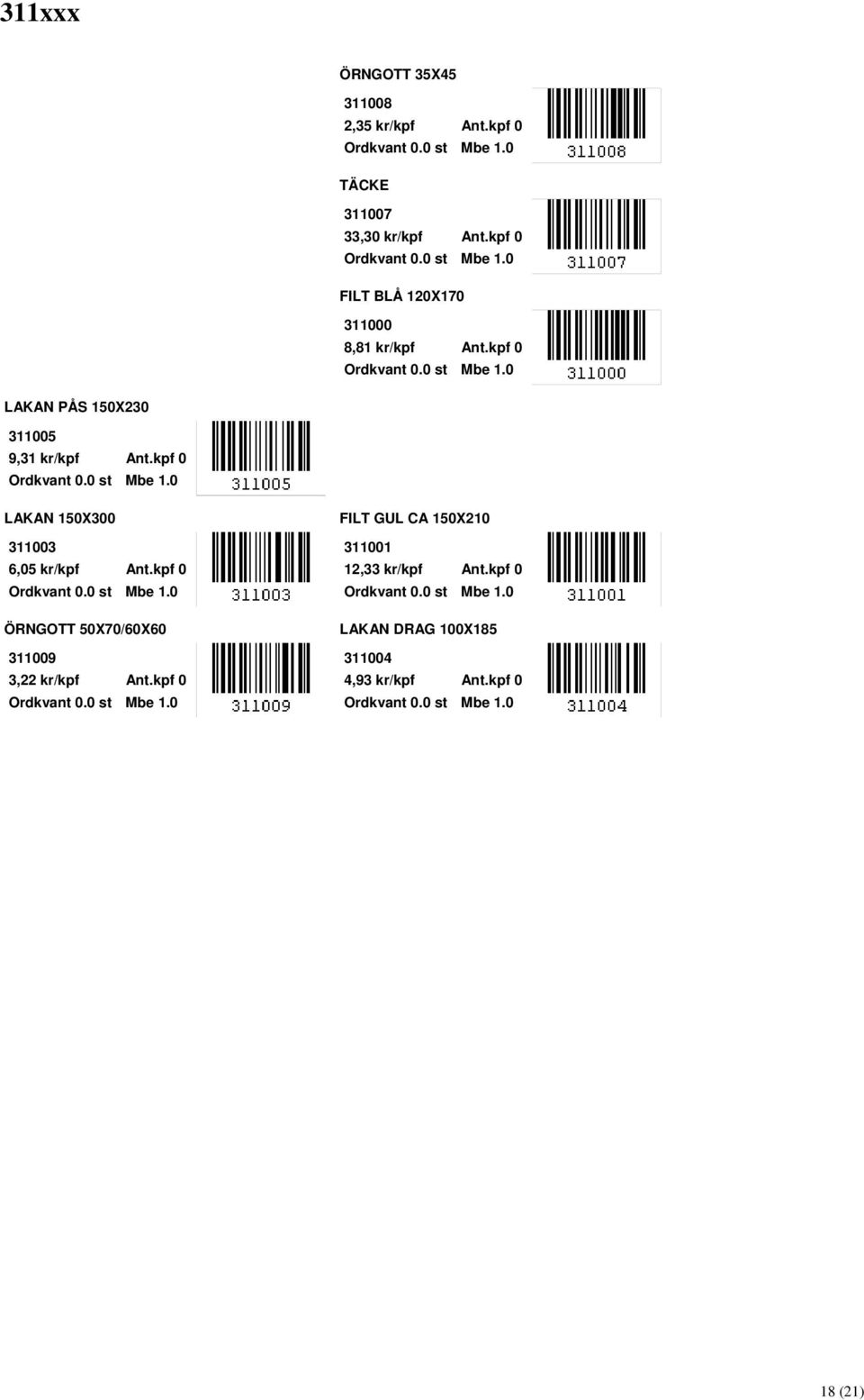 kpf 0 LAKAN 150X300 311003 6,05 kr/kpf Ant.kpf 0 ÖRNGOTT 50X70/60X60 311009 3,22 kr/kpf Ant.