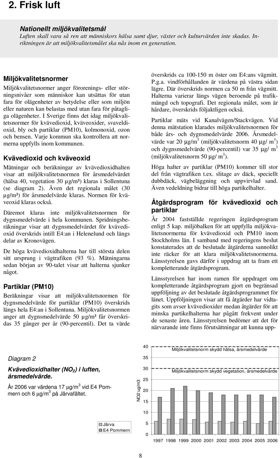 med utan fara för påtagliga olägenheter. I Sverige finns det idag miljökvalitetsnormer för kvävedioxid, kväveoxider, svaveldioxid, bly och partiklar (PM10), kolmonoxid, ozon och bensen.