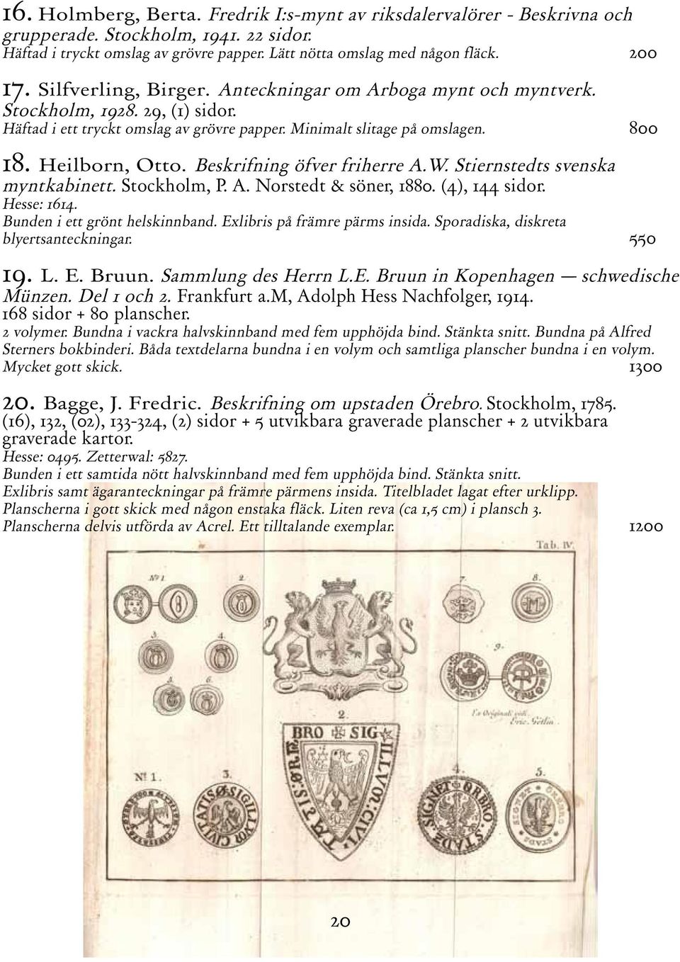 Beskrifning öfver friherre A.W. Stiernstedts svenska myntkabinett. Stockholm, P. A. Norstedt & söner, 1880. (4), 144 sidor. Hesse: 1614. Bunden i ett grönt helskinnband.