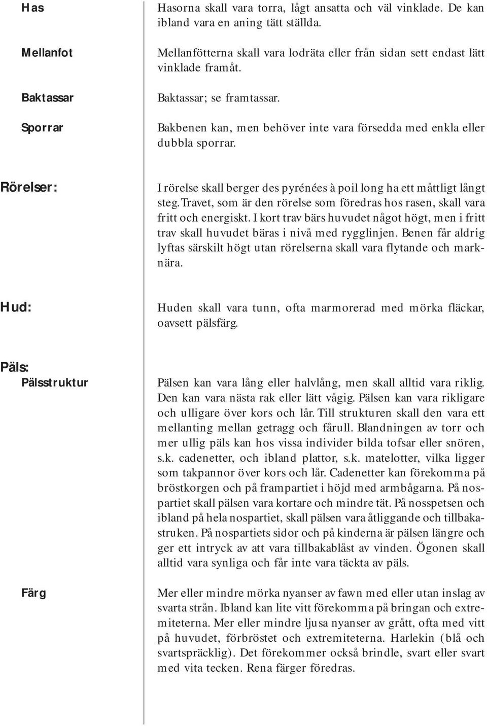 Rörelser: I rörelse skall berger des pyrénées à poil long ha ett måttligt långt steg. Travet, som är den rörelse som föredras hos rasen, skall vara fritt och energiskt.