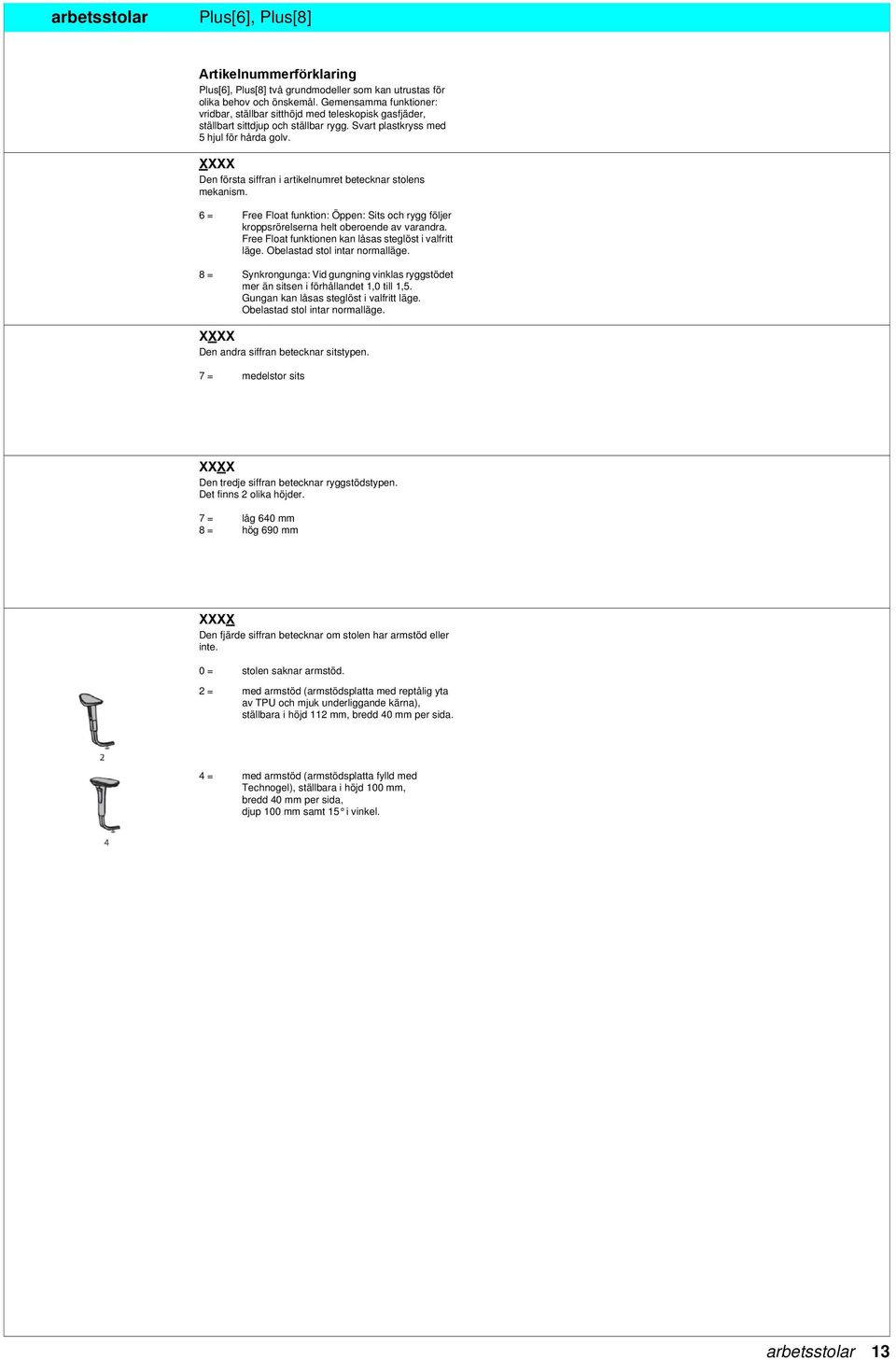 XXXX Den första siffran i artikelnumret betecknar stolens mekanism. 6 = Free Float funktion: Öppen: Sits och rygg följer kroppsrörelserna helt oberoende av varandra.