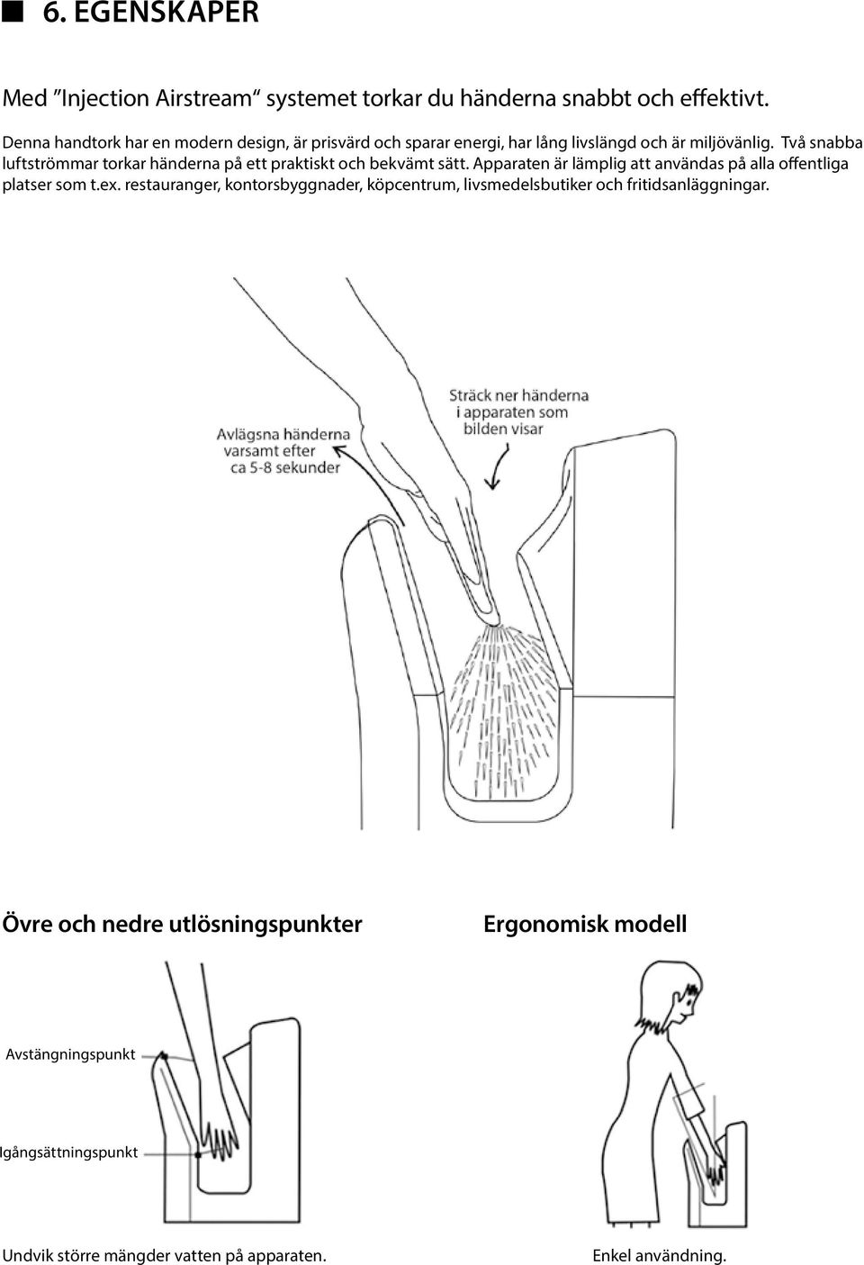 Två snabba luftströmmar torkar händerna på ett praktiskt och bekvämt sätt. Apparaten är lämplig att användas på alla offentliga platser som t.ex.