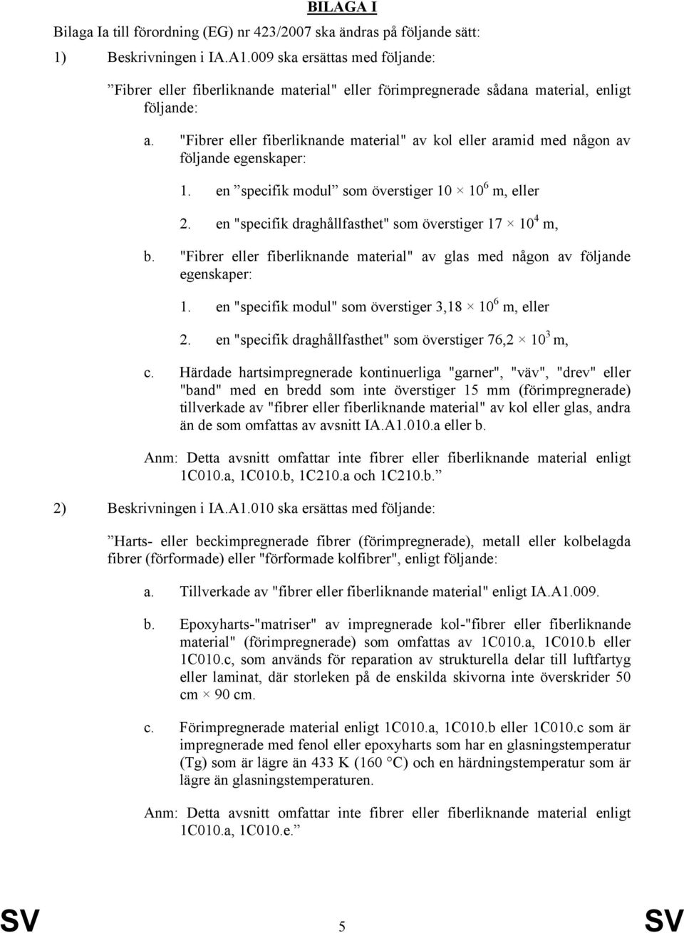 "Fibrer eller fiberliknande material" av kol eller aramid med någon av följande egenskaper: 1. en specifik modul som överstiger 10 10 6 m, eller 2.