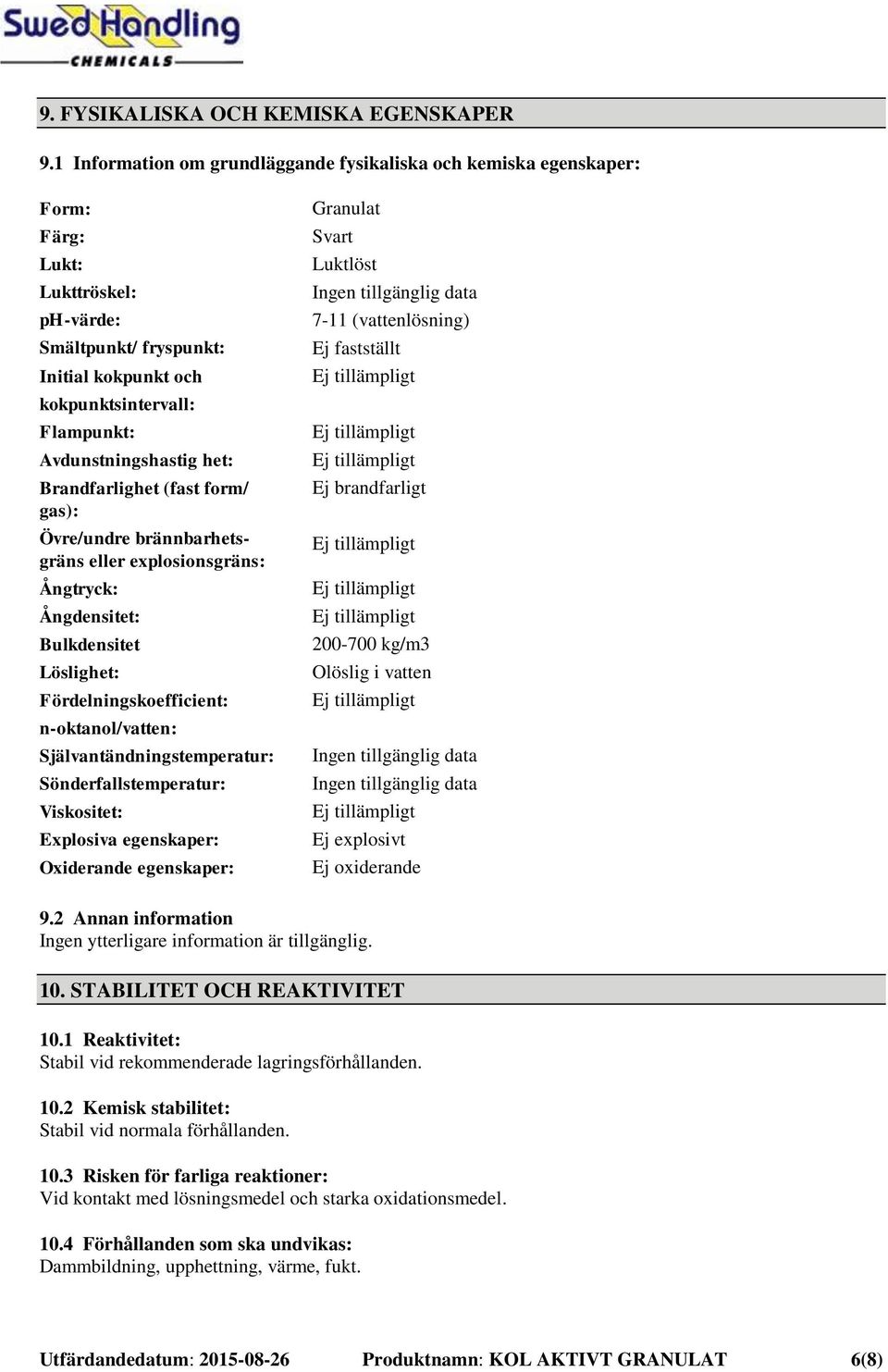 Avdunstningshastig het: Brandfarlighet (fast form/ gas): Övre/undre brännbarhetsgräns eller explosionsgräns: Ångtryck: Ångdensitet: Bulkdensitet Löslighet: Fördelningskoefficient: n-oktanol/vatten: