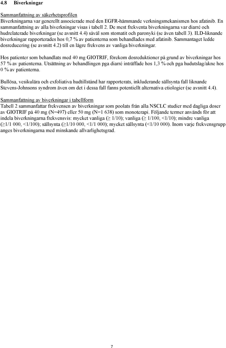 ILD-liknande biverkningar rapporterades hos 0,7 % av patienterna som behandlades med afatinib. Sammantaget ledde dosreducering (se avsnitt 4.2) till en lägre frekvens av vanliga biverkningar.