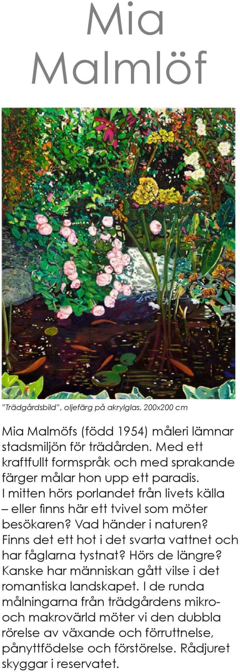 I mitten hörs porlandet från livets källa eller finns här ett tvivel som möter besökaren? Vad händer i naturen?