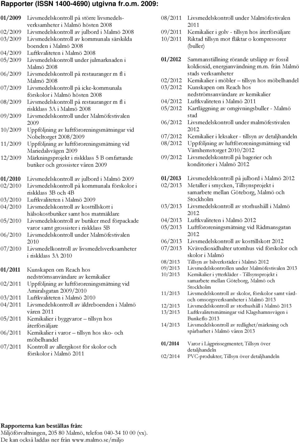 Malmö 2008 04/2009 Luftkvaliteten i Malmö 2008 05/2009 Livsmedelskontroll under julmarknaden i Malmö 2008 06/2009 Livsmedelskontroll på restauranger m fl i Malmö 2008 07/2009 Livsmedelskontroll på