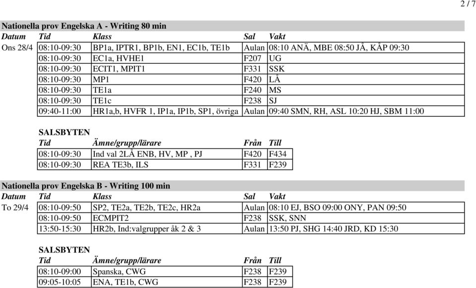 HJ, SBM 11:00 08:10-09:30 Ind val 2LÅ ENB, HV, MP, PJ F420 F434 08:10-09:30 REA TE3b, ILS F331 F239 Nationella prov Engelska B - Writing 100 min Datum Tid Klass Sal Vakt To 29/4 08:10-09:50 SP2,