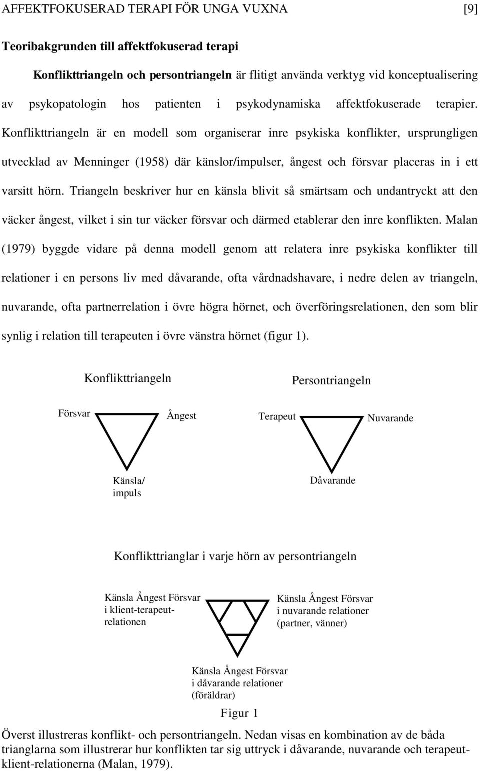 Konflikttriangeln är en modell som organiserar inre psykiska konflikter, ursprungligen utvecklad av Menninger (1958) där känslor/impulser, ångest och försvar placeras in i ett varsitt hörn.