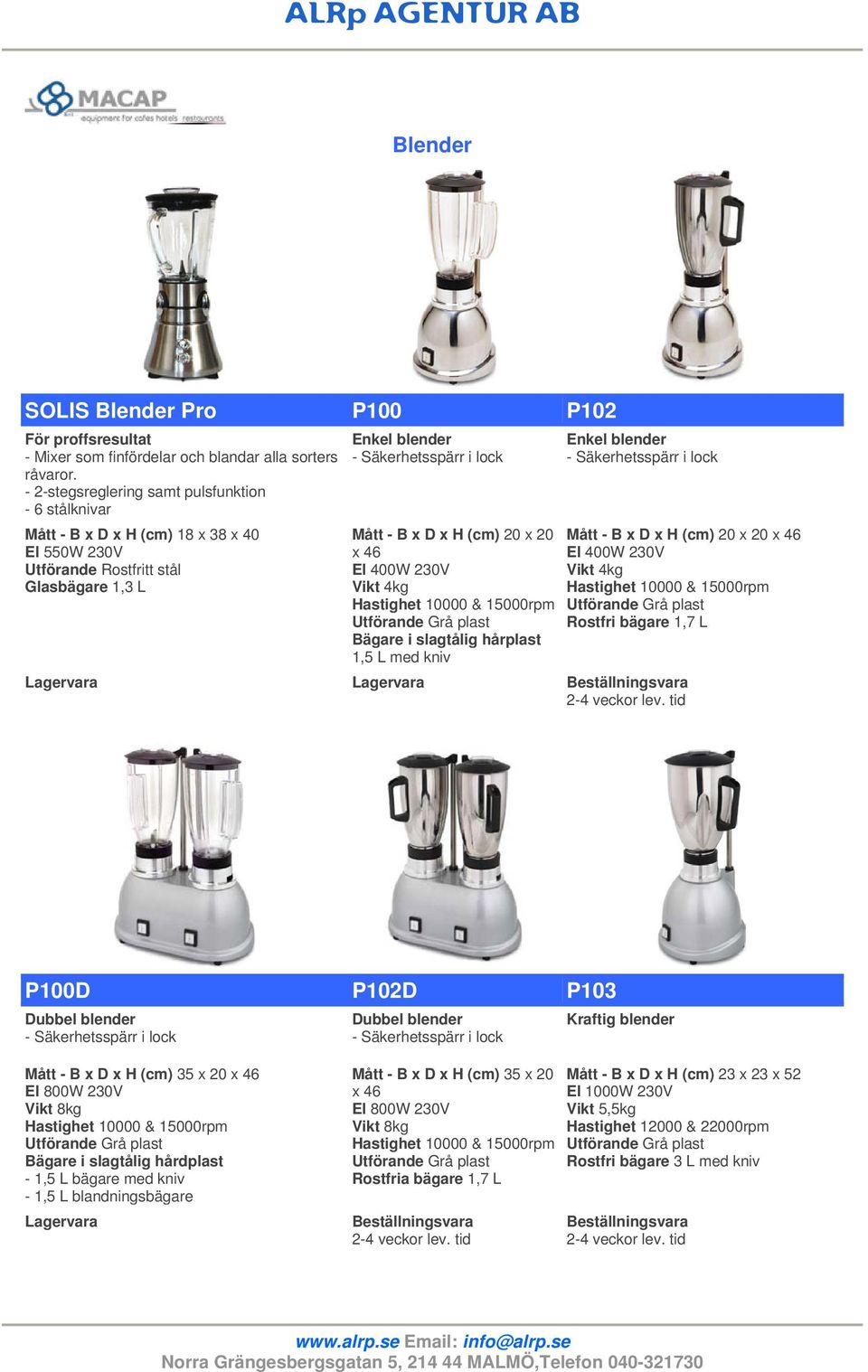 230V Vikt 4kg Bägare i slagtålig hårplast 1,5 L med kniv Enkel blender Mått - B x D x H (cm) 20 x 20 x 46 El 400W 230V Vikt 4kg Rostfri bägare 1,7 L P100D P102D P103 Dubbel blender Dubbel blender