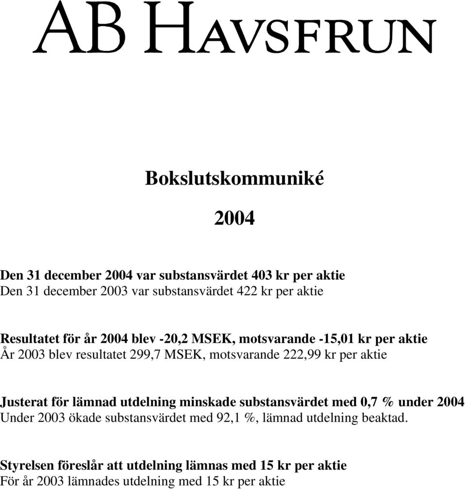 per aktie Justerat för lämnad utdelning minskade substansvärdet med 0,7 % under Under 2003 ökade substansvärdet med 92,1 %,