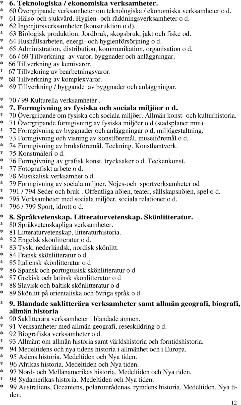 * 65 Administration, distribution, kommunikation, organisation o d. * 66 / 69 Tillverkning av varor, byggnader och anläggningar. * 66 Tillverkning av kemivaror. * 67 Tillvekning av bearbetningsvaror.