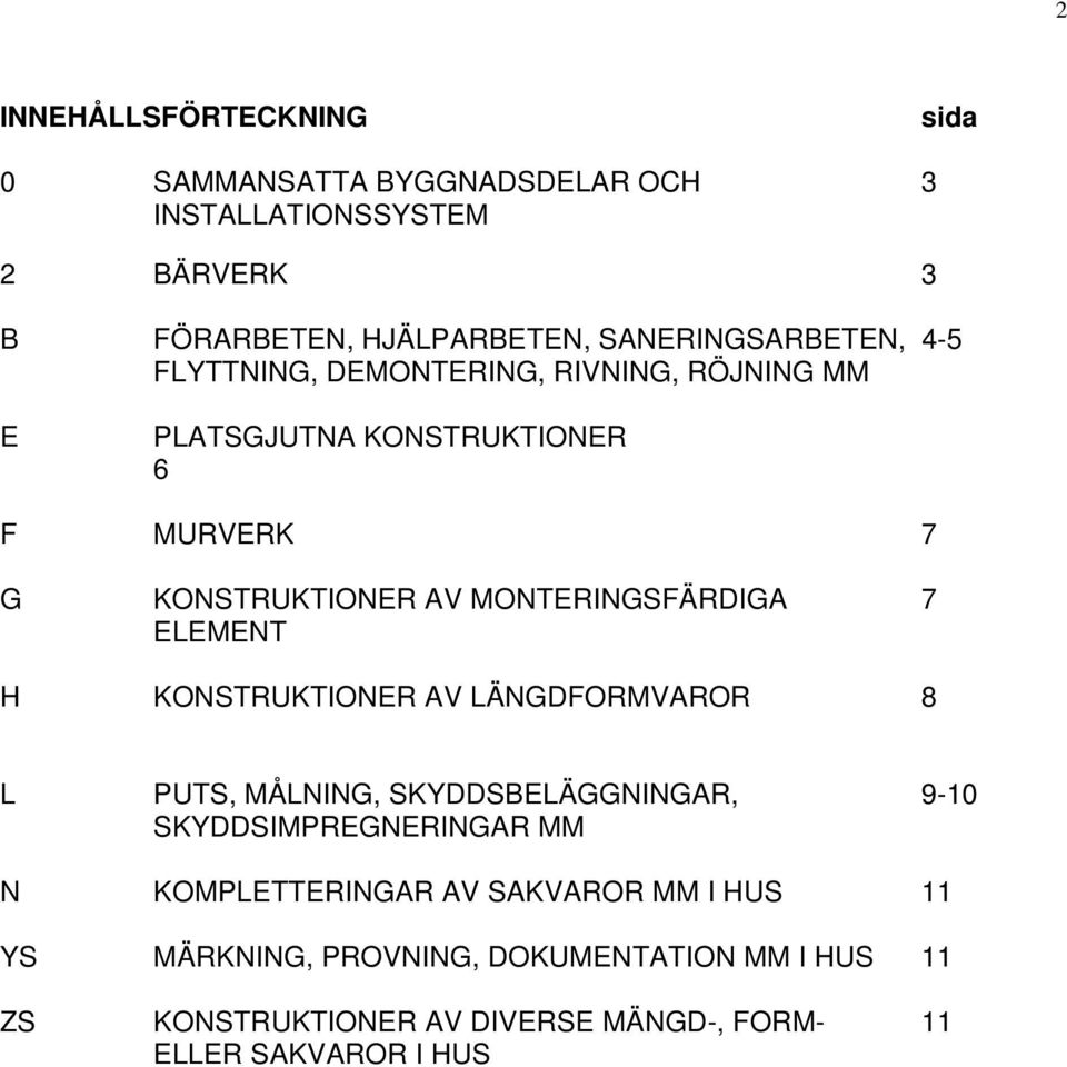 MONTERINGSFÄRDIGA 7 ELEMENT H KONSTRUKTIONER AV LÄNGDFORMVAROR 8 L PUTS, MÅLNING, SKYDDSBELÄGGNINGAR, 9-10 SKYDDSIMPREGNERINGAR MM N