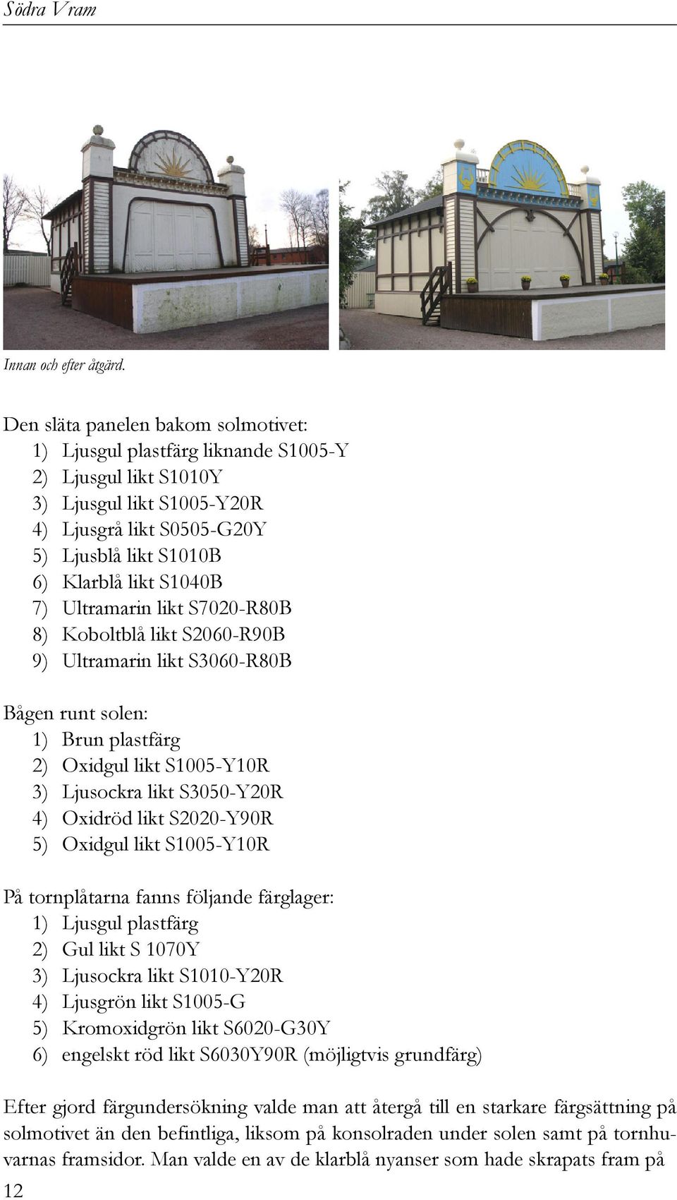 Ultramarin likt S7020-R80B 8) Koboltblå likt S2060-R90B 9) Ultramarin likt S3060-R80B Bågen runt solen: 1) Brun plastfärg 2) Oxidgul likt S1005-Y10R 3) Ljusockra likt S3050-Y20R 4) Oxidröd likt