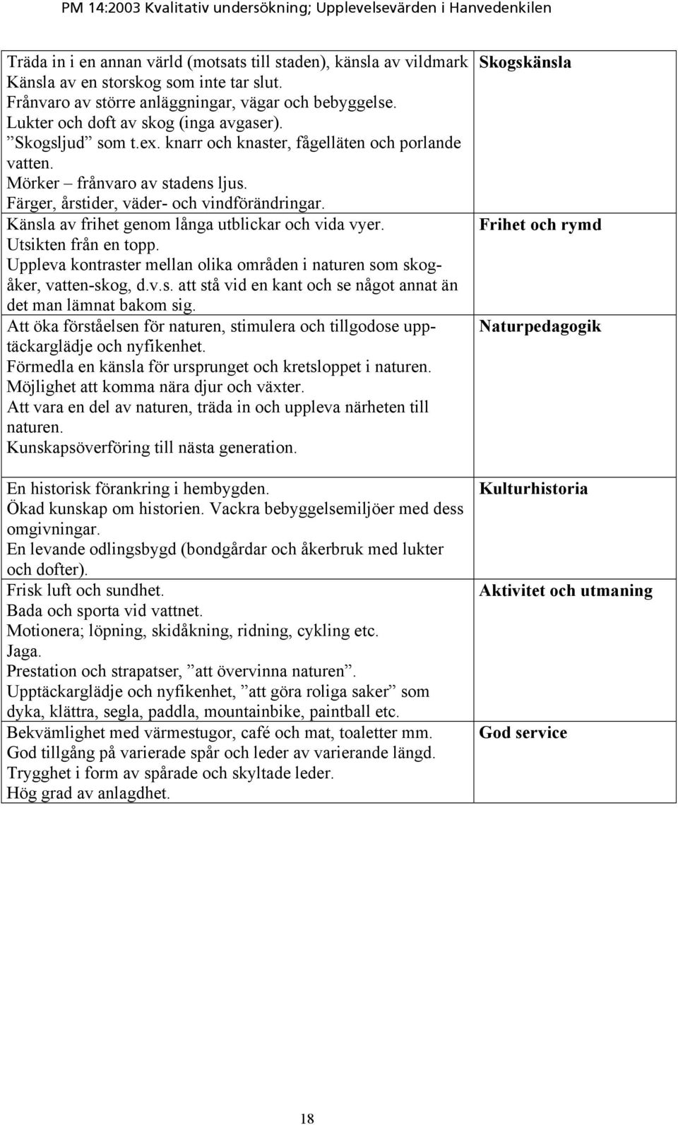 Känsla av frihet genom långa utblickar och vida vyer. Utsikten från en topp. Uppleva kontraster mellan olika områden i naturen som skogåker, vatten-skog, d.v.s. att stå vid en kant och se något annat än det man lämnat bakom sig.