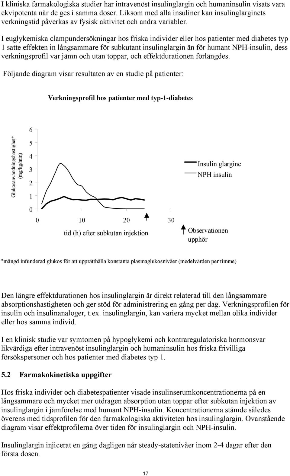 I euglykemiska clampundersökningar hos friska individer eller hos patienter med diabetes typ 1 satte effekten in långsammare för subkutant insulinglargin än för humant NPH-insulin, dess