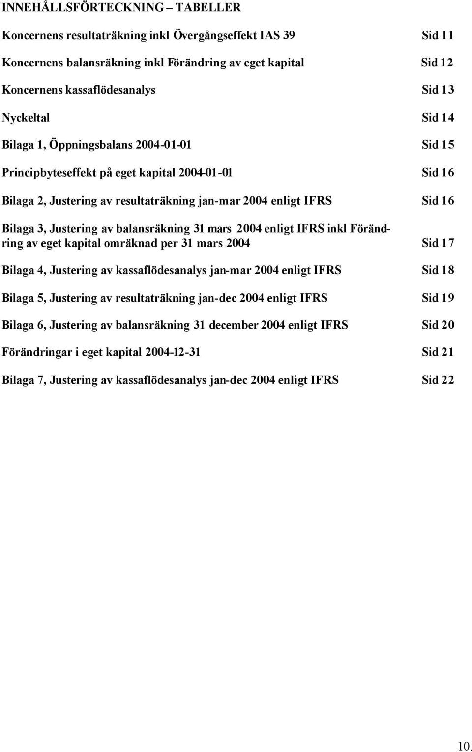 balansräkning 31 mars enligt IFRS inkl Förändring av eget kapital omräknad per 31 mars Sid 17 Bilaga 4, Justering av kassaflödesanalys enligt IFRS Sid 18 Bilaga 5, Justering av resultaträkning