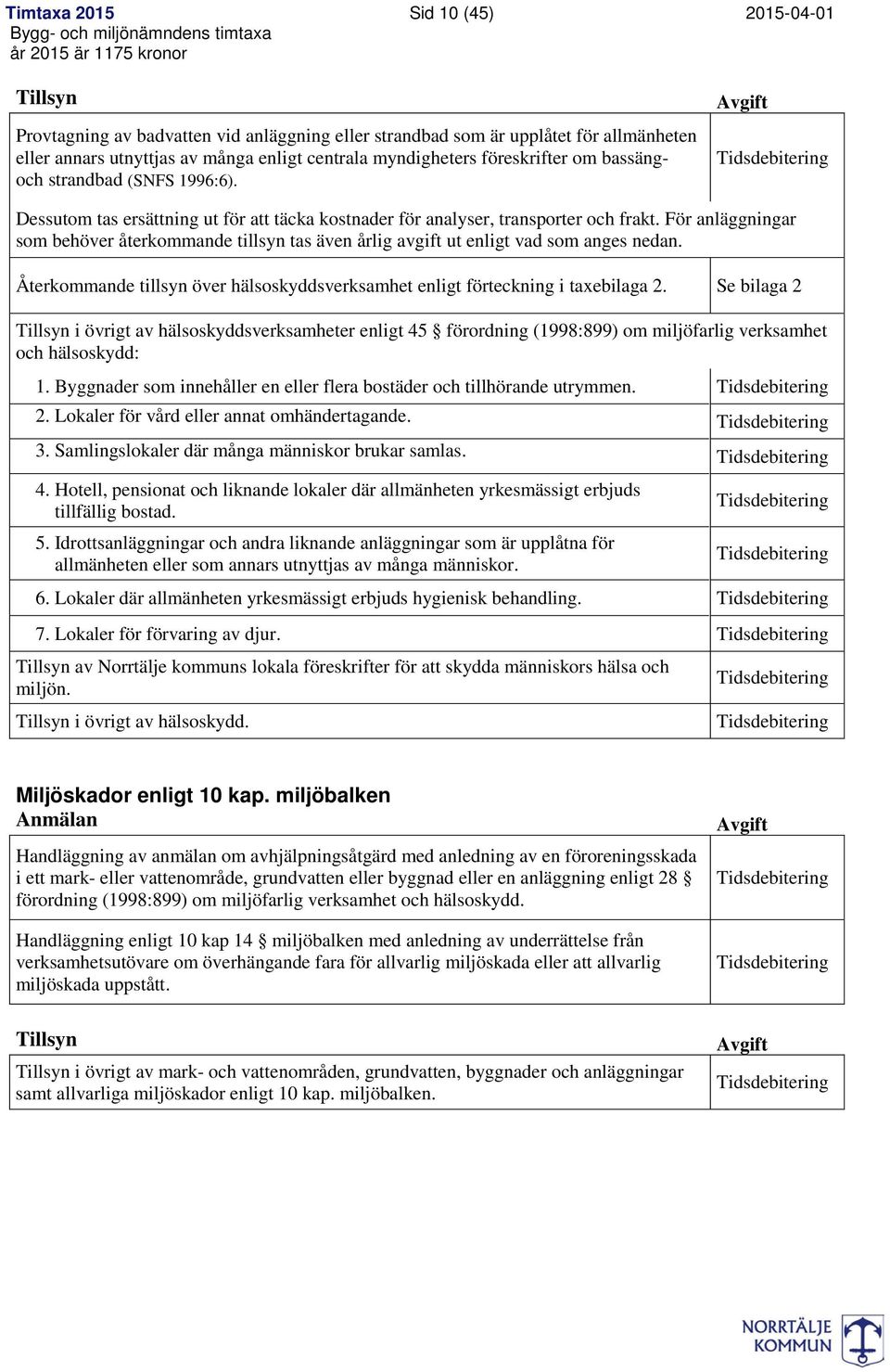 För anläggningar som behöver återkommande tillsyn tas även årlig avgift ut enligt vad som anges nedan. Återkommande tillsyn över hälsoskyddsverksamhet enligt förteckning i taxebilaga 2.