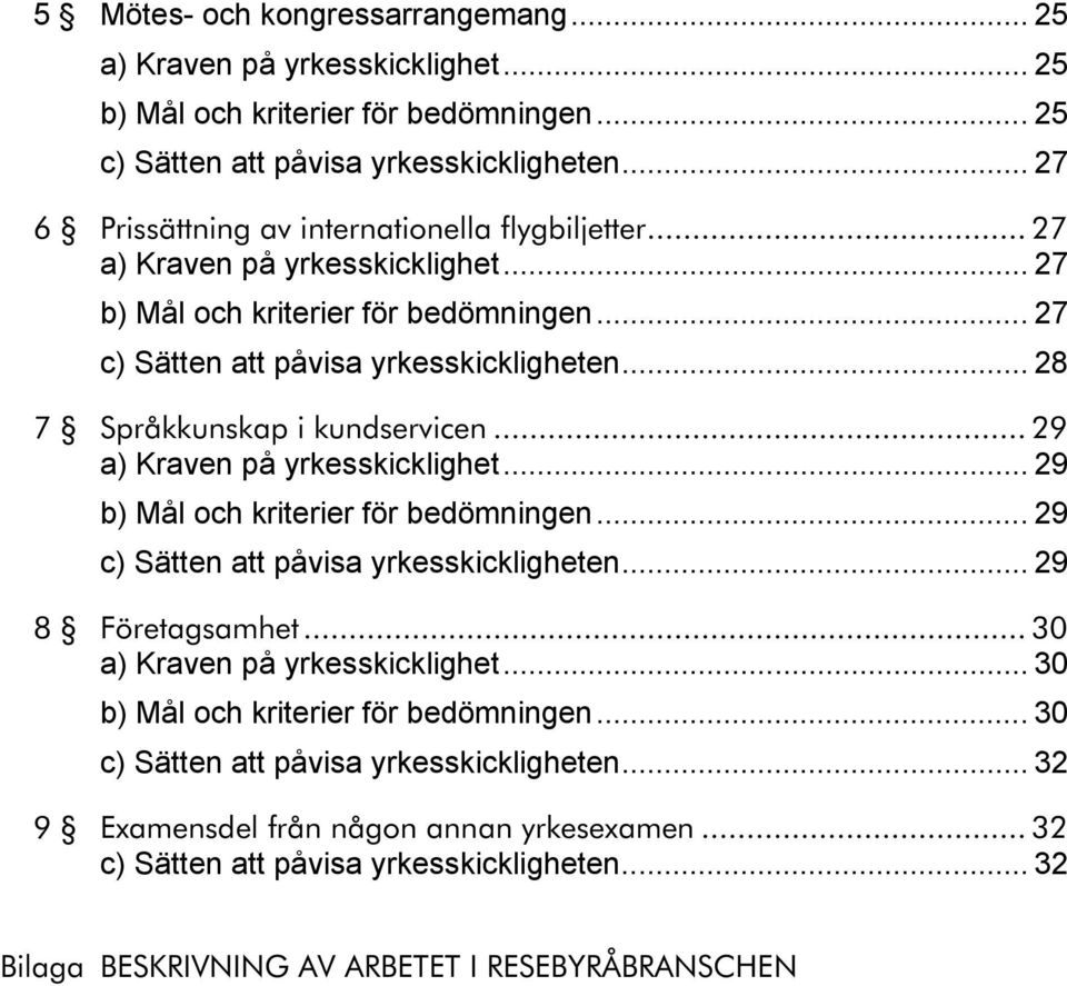 .. 28 7 Språkkunskap i kundservicen... 29 a) Kraven på yrkesskicklighet... 29 b) Mål och kriterier för bedömningen... 29 c) Sätten att påvisa yrkesskickligheten... 29 8 Företagsamhet.