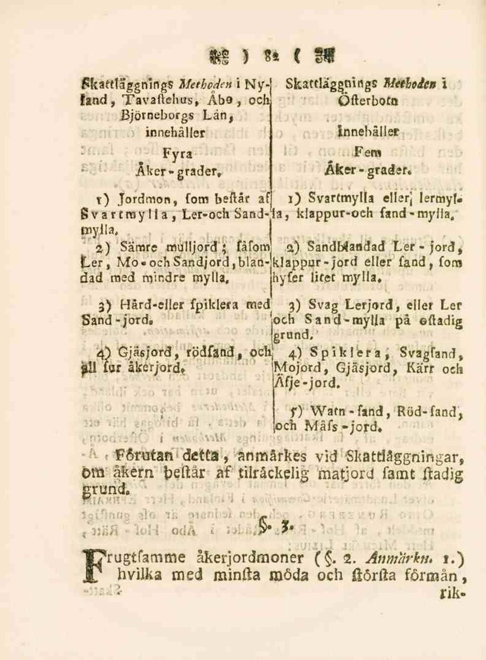 Sand-jord» 4) Gjäsjord, rödfand, och pil lör åkerjord» Skattläggnings Metloien i Öfterboto innehåller Fem Åker - grader* 3) Svag Lerjord, eller Ler joch Sand-mylla på ftadig grund.