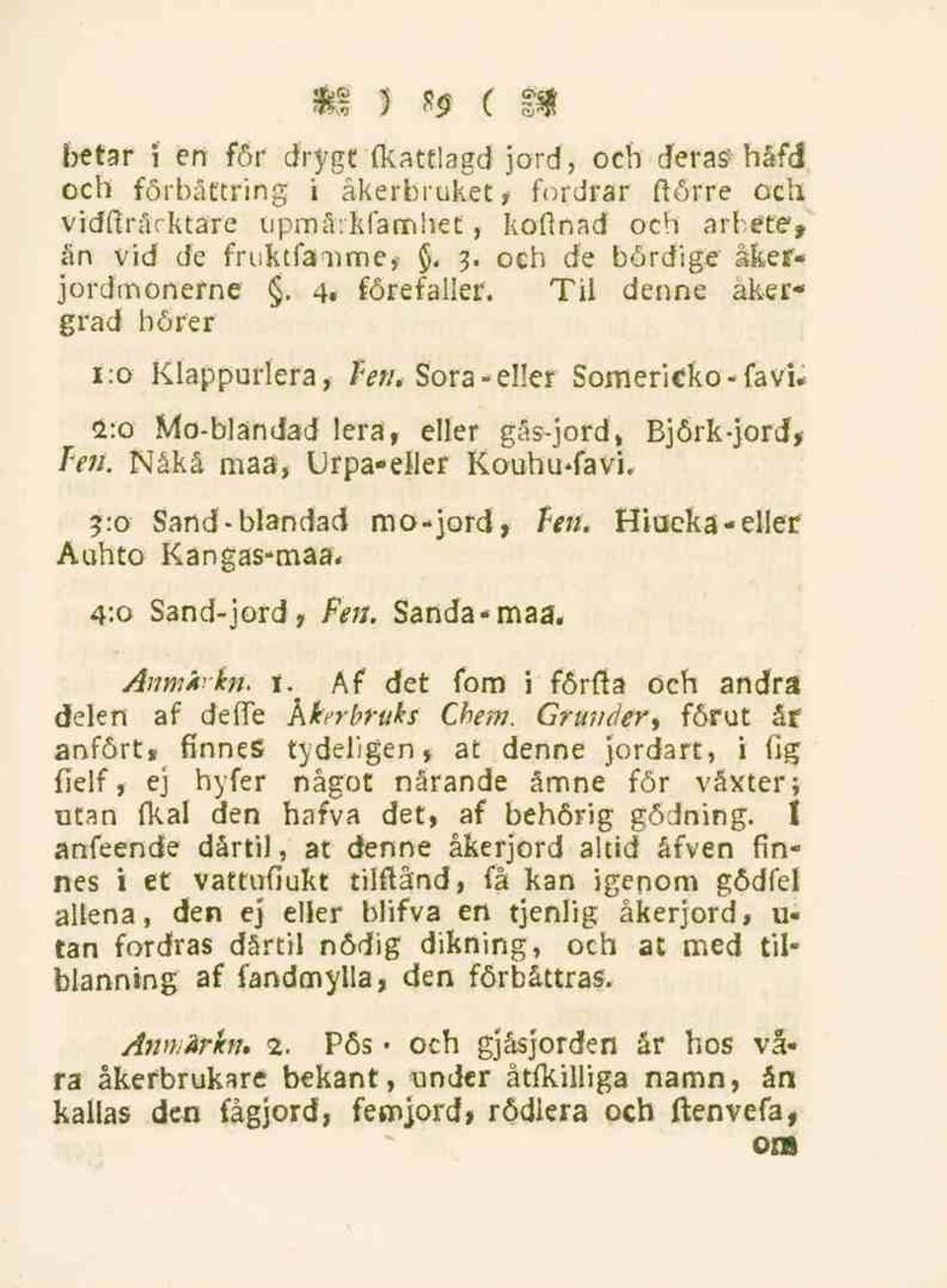 Nåkå maa, Urpa-eller Kouhu-favi. 5:0 Sand-blandad mo-jord, fen. Hiueka-eller Auhto Kangas-maa, 4:0 Sand-jord, Fett. Sanda»maa. Anmkrkn. \. Af det fom 1 förfta och andra delen af deffe kkerbruks Chem.