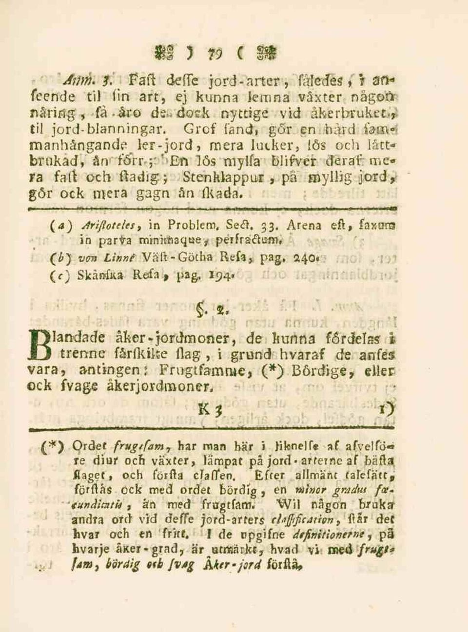 " En lös mylla blifver deraf me- 1 ra fa(t och ftadig; Stenklappur, på myllig jord, gör ock mera gagn ån fkada. (4) Ariftoteles, in Problem, Se-ft. 33, Arena eft, fax orts in par Va mtnhtiaque?