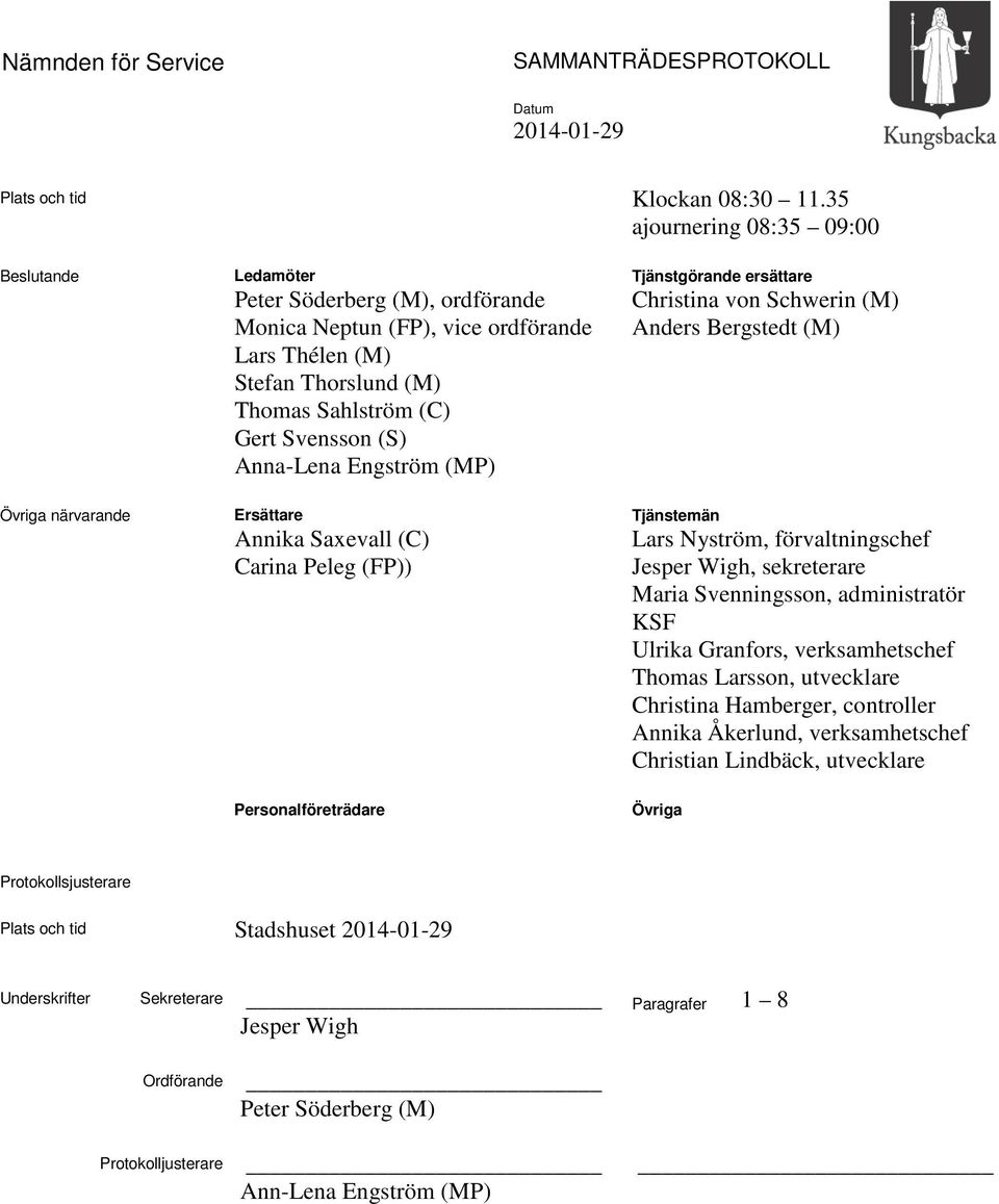 Svensson (S) Anna-Lena Engström (MP) Ersättare Annika Saxevall (C) Carina Peleg (FP)) Personalföreträdare Tjänstgörande ersättare Christina von Schwerin (M) Anders Bergstedt (M) Tjänstemän Lars