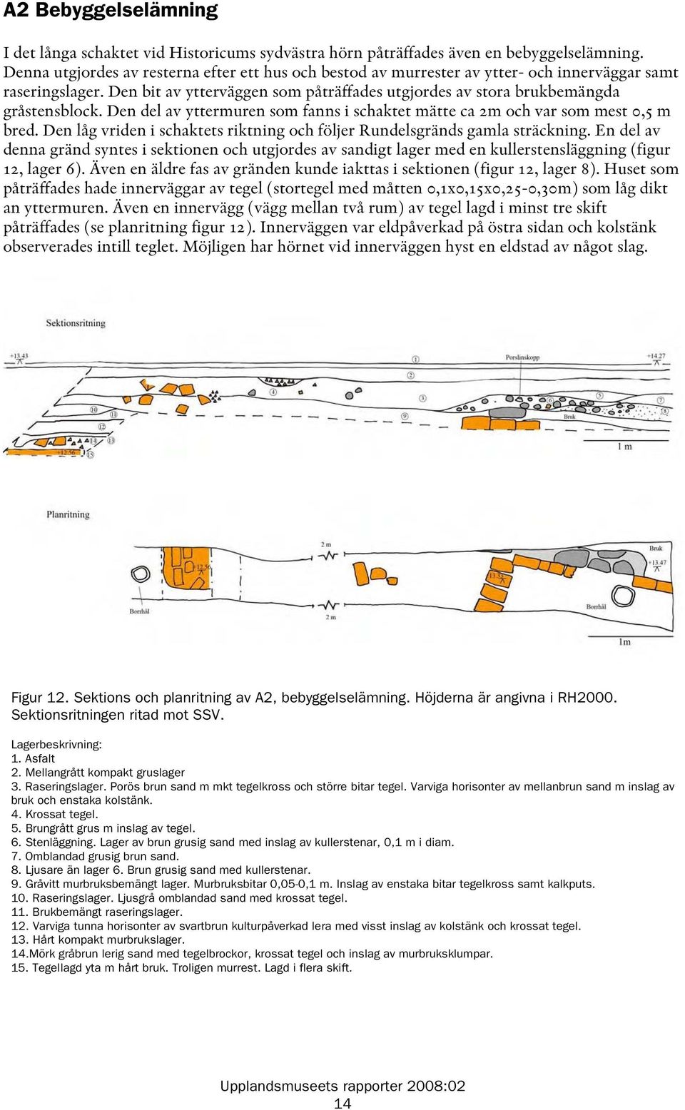 Den del av yttermuren som fanns i schaktet mätte ca 2m och var som mest 0,5 m bred. Den låg vriden i schaktets riktning och följer Rundelsgränds gamla sträckning.