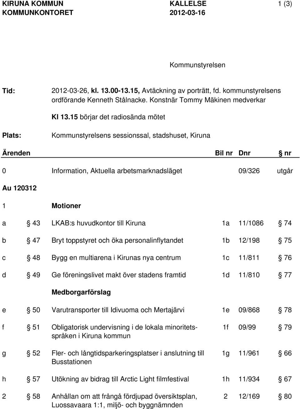 15 börjar det radiosända mötet Plats: Kommunstyrelsens sessionssal, stadshuset, Kiruna Ärenden Bil nr Dnr nr 0 Information, Aktuella arbetsmarknadsläget 09/326 utgår Au 120312 1 Motioner a 43 LKAB:s