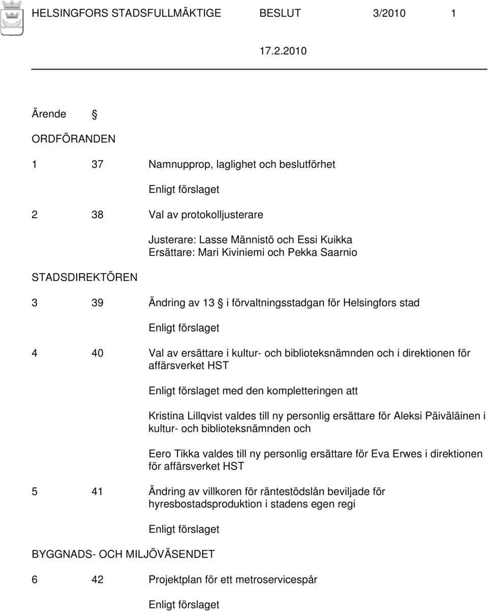 direktionen för affärsverket HST Enligt förslaget med den kompletteringen att Kristina Lillqvist valdes till ny personlig ersättare för Aleksi Päiväläinen i kultur- och biblioteksnämnden och Eero