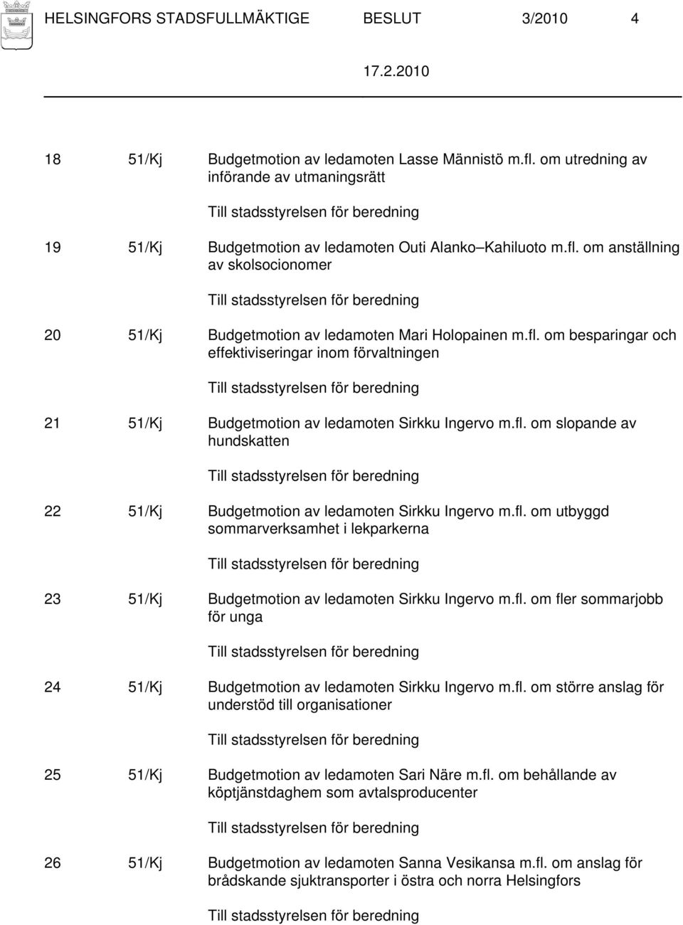 om anställning av skolsocionomer 20 51/Kj Budgetmotion av ledamoten Mari Holopainen m.fl. om besparingar och effektiviseringar inom förvaltningen 21 51/Kj Budgetmotion av ledamoten Sirkku Ingervo m.