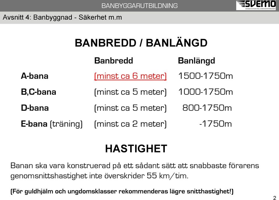 000-1750m HASTIGHET Banan ska vara konstruerad på ett sådant sätt att snabbaste förarens