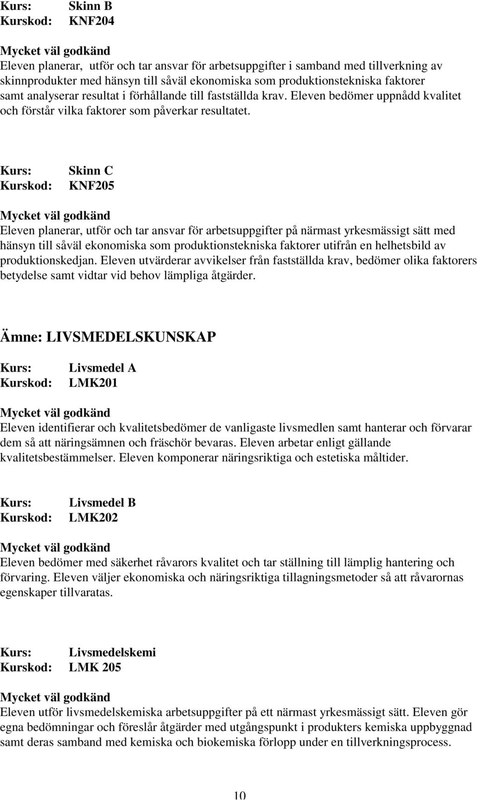 Skinn C KNF205 Eleven planerar, utför och tar ansvar för arbetsuppgifter på närmast yrkesmässigt sätt med hänsyn till såväl ekonomiska som produktionstekniska faktorer utifrån en helhetsbild av